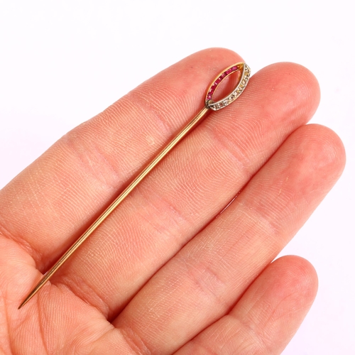 1124 - An Art Deco ruby and diamond ellipse? stickpin, unmarked gold settings with calibre-cut rubies and r... 