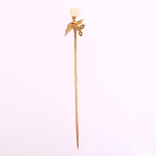 1126 - MURRLE BENNETT & CO - Art Nouveau 9ct gold baroque and split pearl stickpin, head 12.7mm, overall 59... 