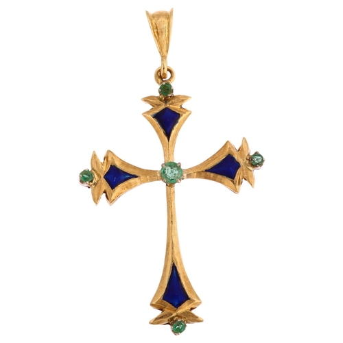 1132 - A Continental 18ct gold emerald and blue enamel cross drop pendant, height 48.1mm, 5.6g