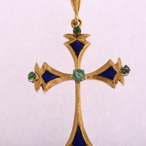 1132 - A Continental 18ct gold emerald and blue enamel cross drop pendant, height 48.1mm, 5.6g