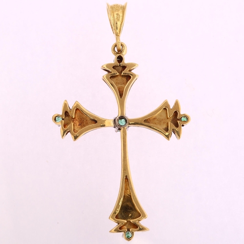 1132 - A Continental 18ct gold emerald and blue enamel cross drop pendant, height 48.1mm, 5.6g