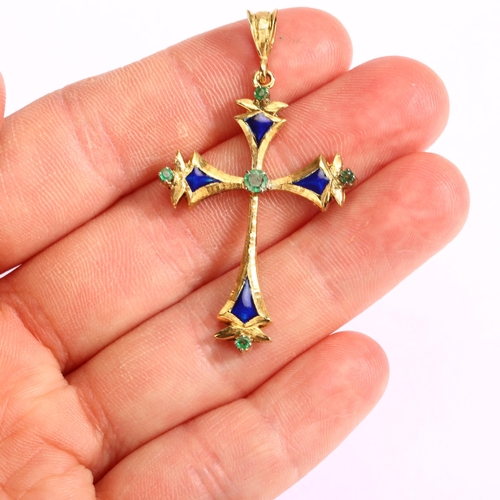 1132 - A Continental 18ct gold emerald and blue enamel cross drop pendant, height 48.1mm, 5.6g