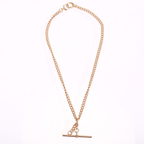 1140 - A 9ct rose gold curb link Albert chain necklace, with 9ct T-bar slider, length 38cm, 21.4g