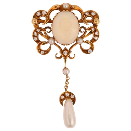 1142 - A 14ct gold opal pearl and diamond openwork drop pendant/brooch, in Art Nouveau style, height 50.5mm... 