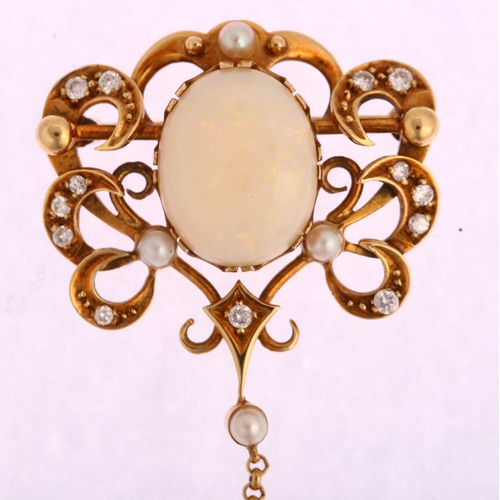 1142 - A 14ct gold opal pearl and diamond openwork drop pendant/brooch, in Art Nouveau style, height 50.5mm... 