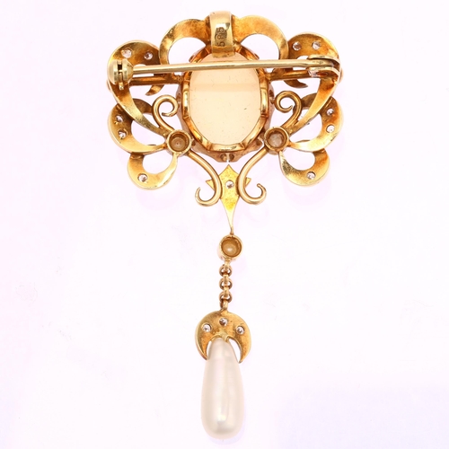 1142 - A 14ct gold opal pearl and diamond openwork drop pendant/brooch, in Art Nouveau style, height 50.5mm... 