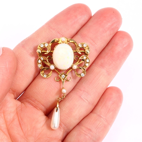 1142 - A 14ct gold opal pearl and diamond openwork drop pendant/brooch, in Art Nouveau style, height 50.5mm... 