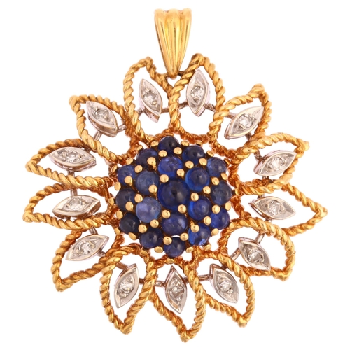 1143 - A mid 20th century French gold sapphire and diamond flowerhead pendant, set with round cabochon sapp... 