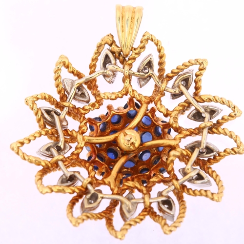 1143 - A mid 20th century French gold sapphire and diamond flowerhead pendant, set with round cabochon sapp... 