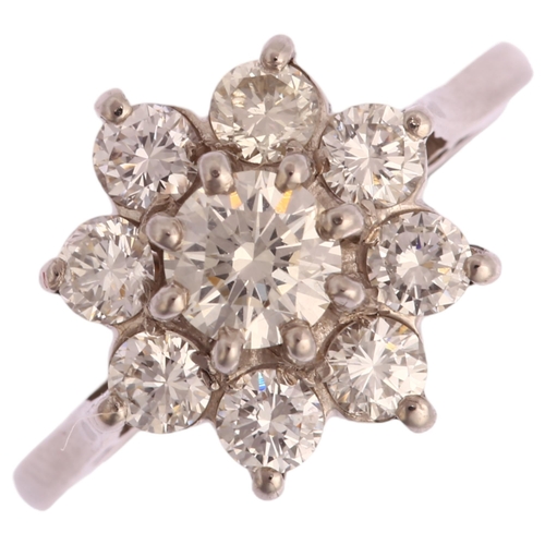 1144 - An 18ct white gold diamond flowerhead cluster ring, set with modern round brilliant-cut diamonds, to... 