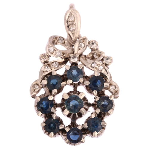 1146 - A late 20th century sapphire and diamond target cluster pendant, unmarked white metal settings test ... 