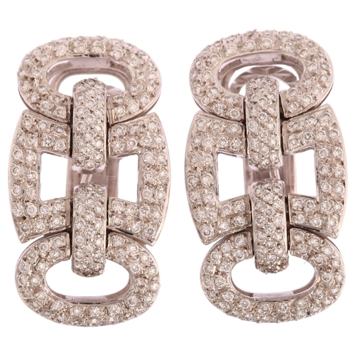 1148 - A pair of modern 18ct white gold diamond panel earrings, geometric design with square and oval panel... 