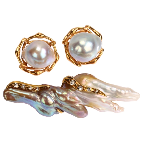 1151 - SWEDISH JEWELER - a Swedish 14ct gold mounted baroque pearl and diamond matching brooch and earring ... 