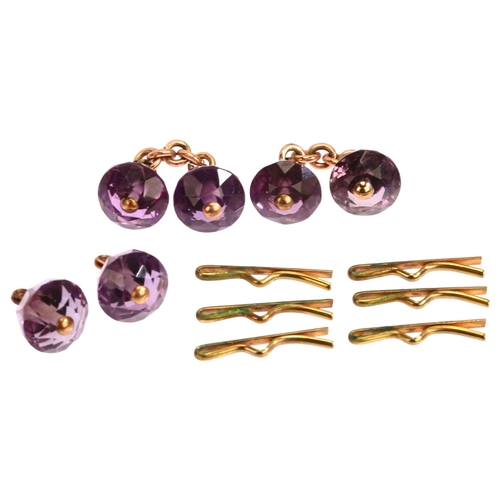 1152 - An early 20th century amethyst dress set, comprising pair of cufflinks and 2 buttons, amethyst diame... 