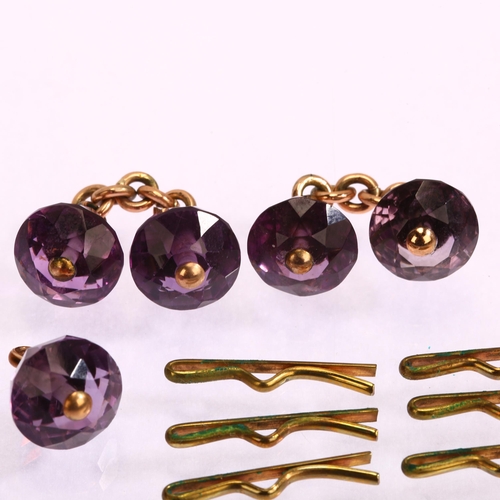 1152 - An early 20th century amethyst dress set, comprising pair of cufflinks and 2 buttons, amethyst diame... 