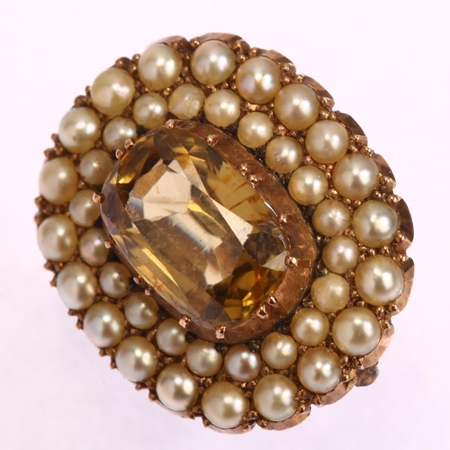 1156 - A Georgian chrysoberyl and split pearl cluster mourning brooch, unmarked gold settings, length 18mm,... 