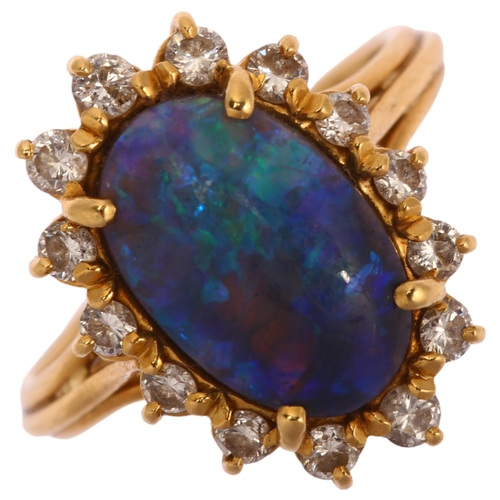 1161 - A modern 18ct gold black opal and diamond oval cluster ring, set with oval cabochon opal and modern ... 