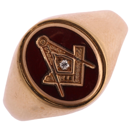 1164 - A modern 9ct gold red enamel and diamond Masonic signet ring, setting height 14.3mm, size T, 7.9g