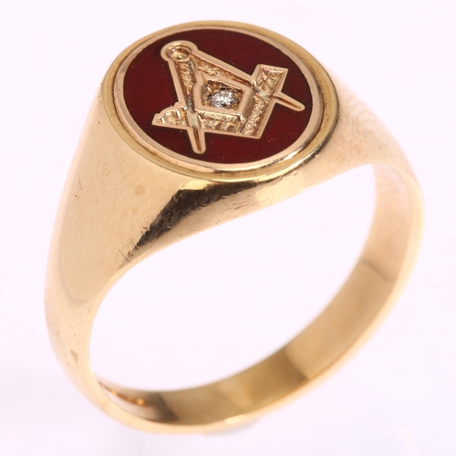 1164 - A modern 9ct gold red enamel and diamond Masonic signet ring, setting height 14.3mm, size T, 7.9g