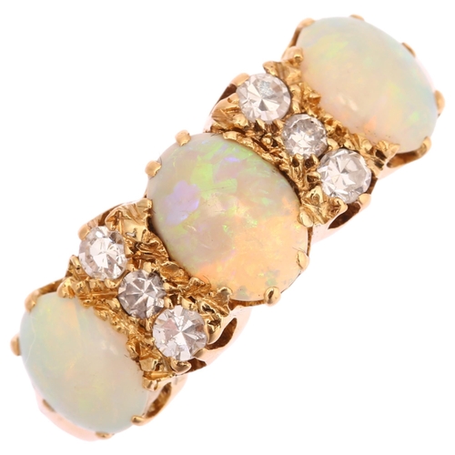 1166 - An early 20th century 18ct gold nine stone opal and diamond half hoop ring, set with oval cabochon o... 