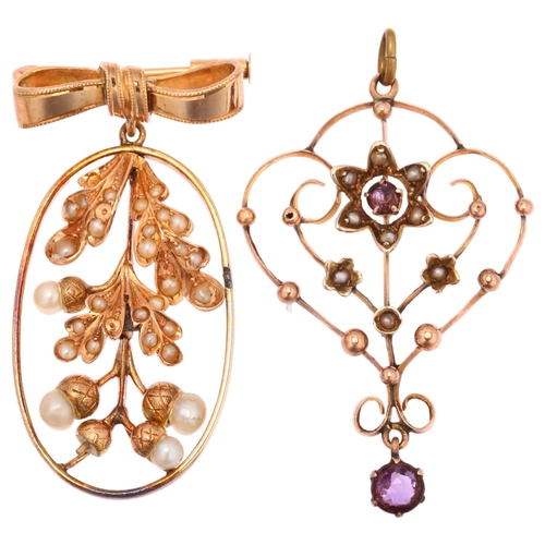 1172 - A 14ct gold pearl acorn drop brooch, and an Edwardian 9ct gold openwork pendant, brooch height 35.6m... 