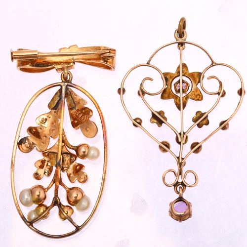 1172 - A 14ct gold pearl acorn drop brooch, and an Edwardian 9ct gold openwork pendant, brooch height 35.6m... 