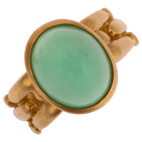 1176 - An Italian 18ct gold green chalcedony dress ring, set with oval cabochon chalcedony, setting height ... 