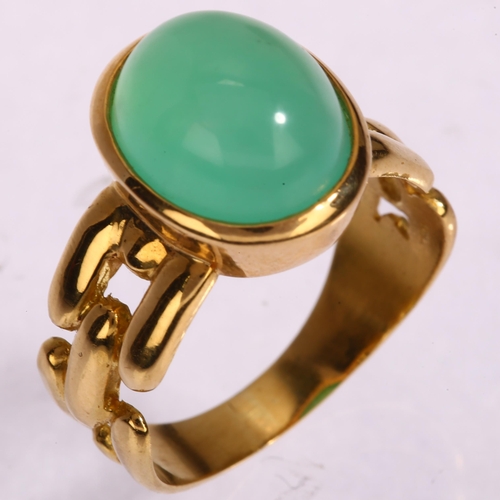 1176 - An Italian 18ct gold green chalcedony dress ring, set with oval cabochon chalcedony, setting height ... 