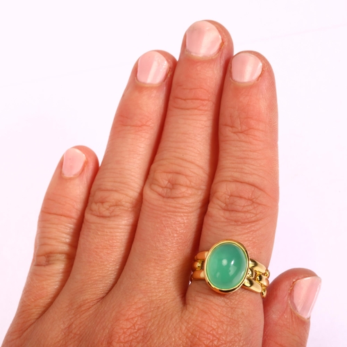 1176 - An Italian 18ct gold green chalcedony dress ring, set with oval cabochon chalcedony, setting height ... 