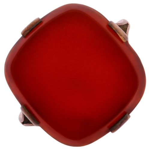 1177 - An early 20th century carnelian signet ring, unmarked rose gold settings, carnelian 17.4 x 16.3mm, s... 