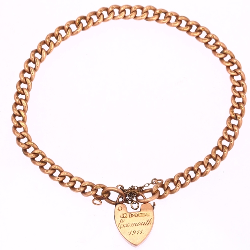 1179 - An early 20th century 9ct rose gold curb link chain bracelet, with 9ct heart padlock clasp, engraved... 