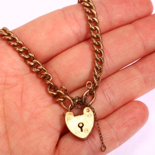 1179 - An early 20th century 9ct rose gold curb link chain bracelet, with 9ct heart padlock clasp, engraved... 