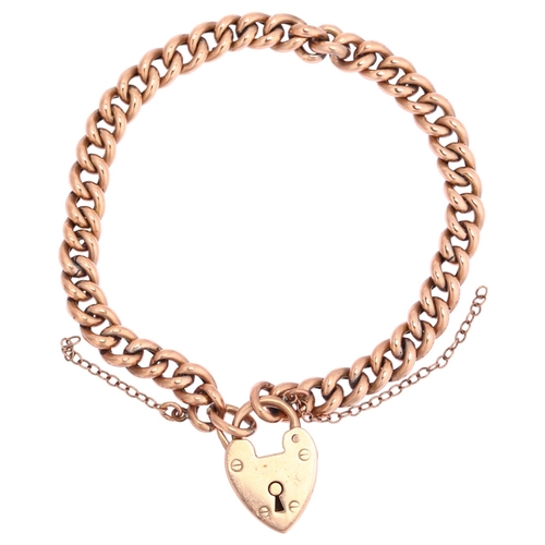 1180 - A Victorian 9ct rose gold hollow curb link chain bracelet, with 9ct heart padlock clasp, Chester 189... 