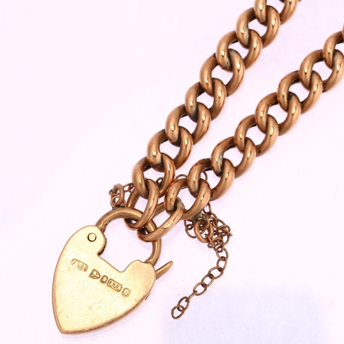 1180 - A Victorian 9ct rose gold hollow curb link chain bracelet, with 9ct heart padlock clasp, Chester 189... 