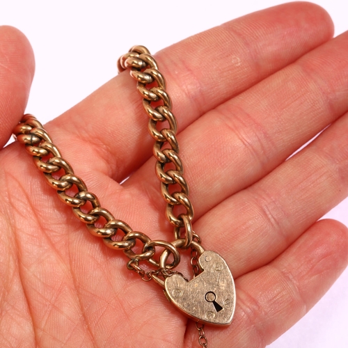 1180 - A Victorian 9ct rose gold hollow curb link chain bracelet, with 9ct heart padlock clasp, Chester 189... 