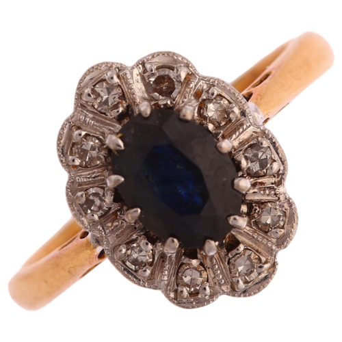 1186 - Ab 18ct gold sapphire and diamond oval cluster ring, platinum-topped set with oval mixed-cut sapphir... 