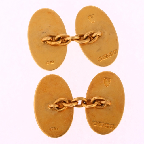 1187 - A pair of early 20th century 18ct gold oval cufflinks, GJ Johnstone & Co, Birmingham 1911, length 19... 