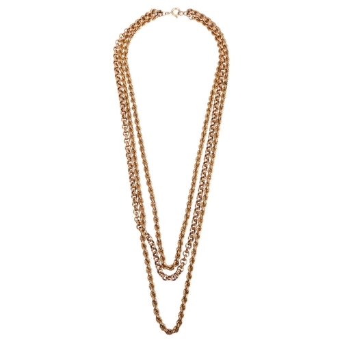 1188 - A late 20th century 9ct gold triple-strand layer necklace, comprising rope twist and belcher links, ... 