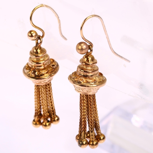 1190 - A pair of Victorian Etruscan Revival drop tassel earrings, unmarked yellow metal settings with sheph... 