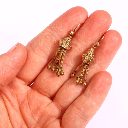 1190 - A pair of Victorian Etruscan Revival drop tassel earrings, unmarked yellow metal settings with sheph... 