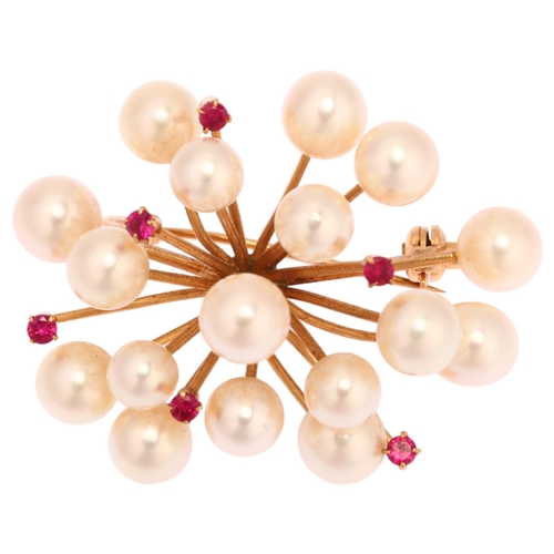 1191 - A mid-20th century 14ct gold ruby and cultured pearl abstract brooch, length 36mm, 7.4g