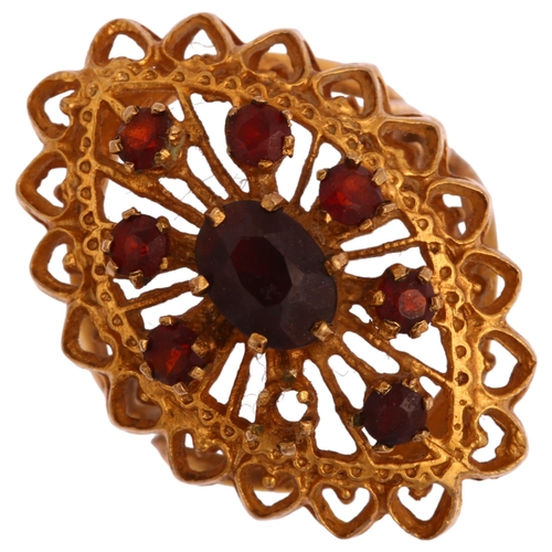 1196 - A late 20th century 9ct gold garnet openwork marquise cluster ring, setting height 27.1mm, size O, 5... 