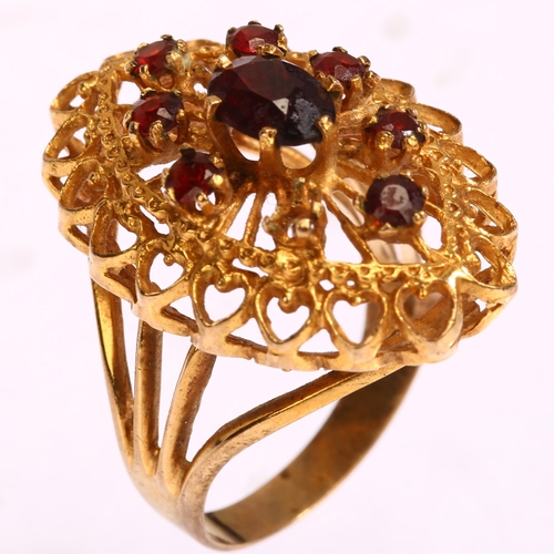 1196 - A late 20th century 9ct gold garnet openwork marquise cluster ring, setting height 27.1mm, size O, 5... 