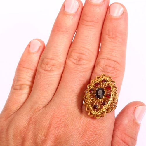 1196 - A late 20th century 9ct gold garnet openwork marquise cluster ring, setting height 27.1mm, size O, 5... 