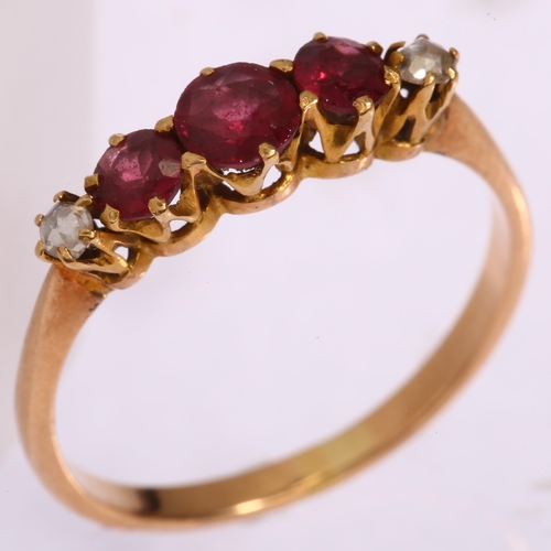 1198 - A graduated five stone ruby and diamond half hoop ring, unmarked gold settings with round-cut rubies... 