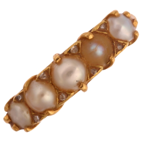 1199 - An early 20th century 18ct gold graduated five stone split pearl half hoop ring, with rose-cut diamo... 