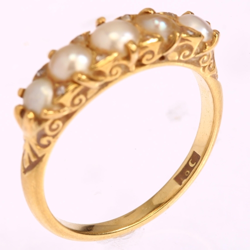 1199 - An early 20th century 18ct gold graduated five stone split pearl half hoop ring, with rose-cut diamo... 