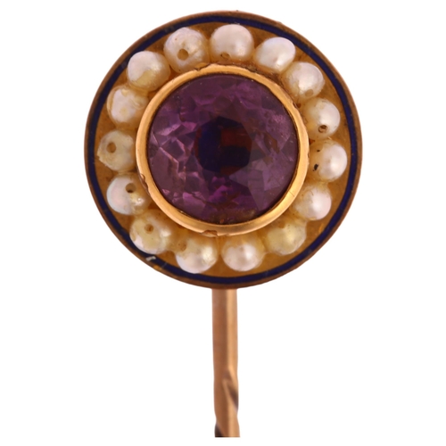 1201 - A Victorian amethyst pearl and blue enamel stickpin, unmarked gold settings, head 14.4mm, overall 72... 