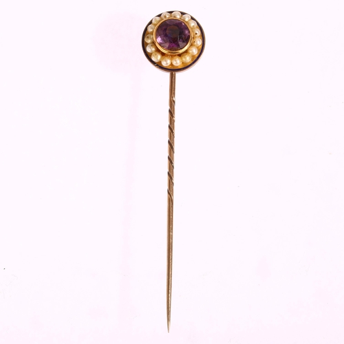 1201 - A Victorian amethyst pearl and blue enamel stickpin, unmarked gold settings, head 14.4mm, overall 72... 