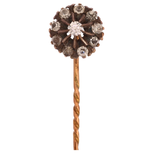 1202 - A Victorian paste cluster stickpin, unmarked gold and silver settings, head 11.8mm, overall 59.3mm, ... 